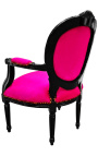 Baroque armchair Louis XVI style medallion rose fushia texture and black lacquered wood 