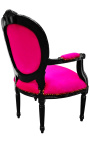 Barockfåtölj Louis XVI Fuchsia tyg och glänsande svart trä - 18