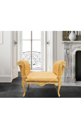 Banco barroco em tecido acetinado dourado estilo Luís XV e madeira dourada