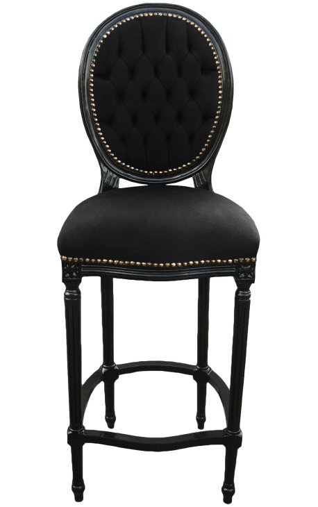 Bar chair Louis XVI style black velvet fabric and black wood