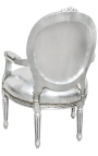 Fauteuil baroque de style Louis XVI simili cuir argent et bois argent