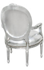 Baroka atzveltnes krēsls Luija XVI stila medaljons no mākslīgās sudraba ādas un sudrabota koka.