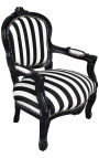 Бароково детско кресло дамаска на райе черно и бяло с черно лакирано дърво