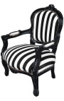 Fotel w stylu barokowym dla dzieci z tkaniny w czarno-białe paski z czarnym lakierowanym drewnem