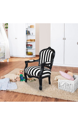 Fauteuil baroque enfant tissu rayé noir et blanc avec bois laqué noir