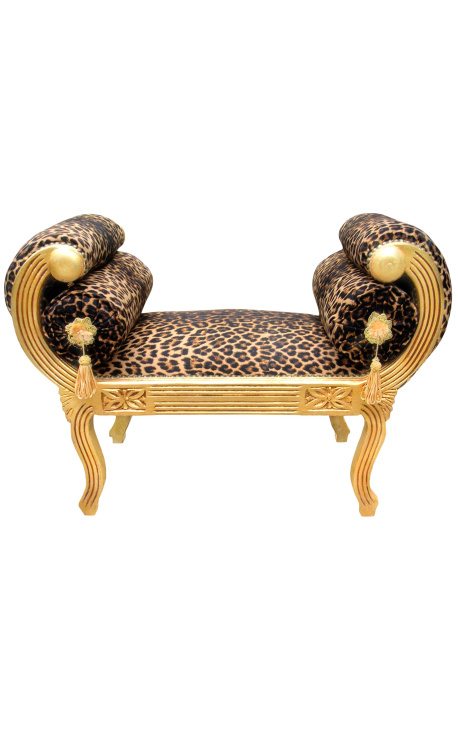 Roman bench leopard fabric and gold wood 