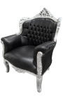 Fauteuil "princier" de style Baroque simili cuir noir et bois argent