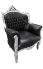 Armchair "princely" Baroque black leatherette and silver wood