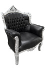 Fauteuil "princier" de style Baroque simili cuir noir et bois argent