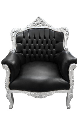 Cadeira de braço "príncipe" estilo barroco simili couro preto e prata madeira