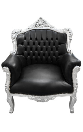 Sillón principe Barroco piel negra y madera de plata