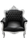 Sillón principe Barroco piel negra y madera de plata