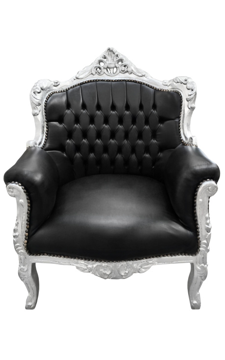 Armchair "princier" estilo Baroque simili couro preto e prata madeira