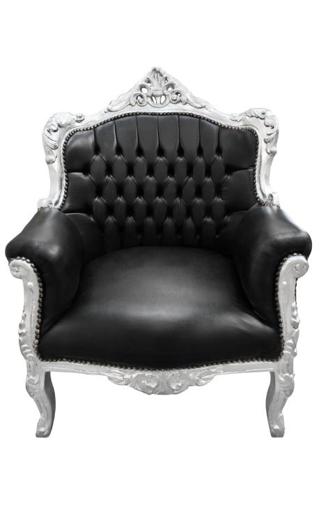 Židle "kníže" Barokní černá kůže a stříbrné dřevo
