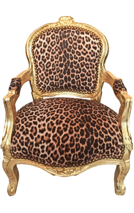 Barokna fotelja za dijete leopard tkanina i zlatno drvo