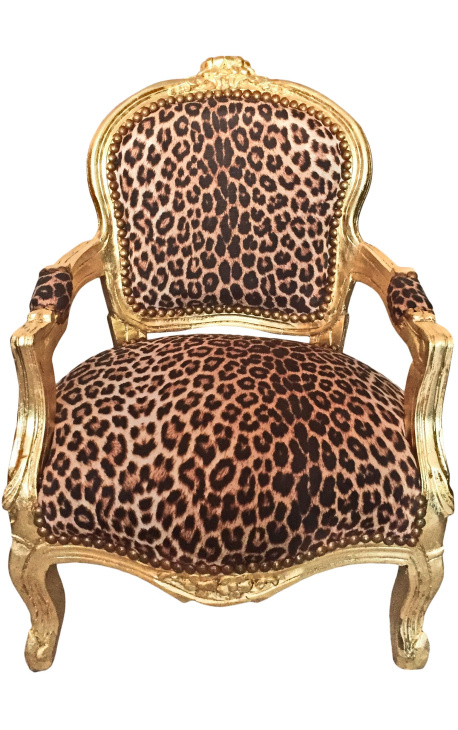 Baroque armchair for child leopard and gold wood