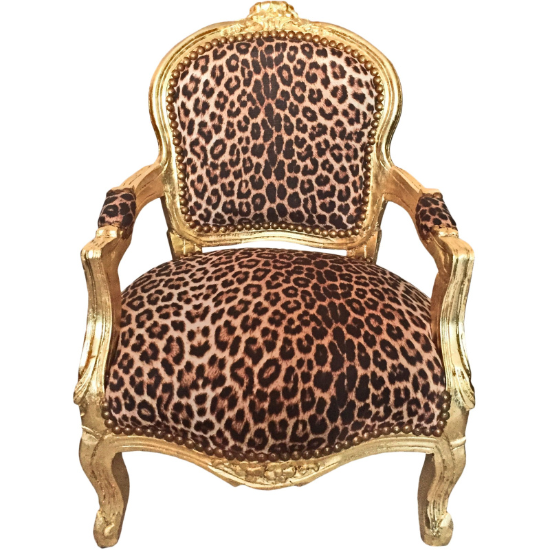 Baroque Armchair For Child Leopard Fabric And Gold Wood Child Leopard Fabric And Gold Wood