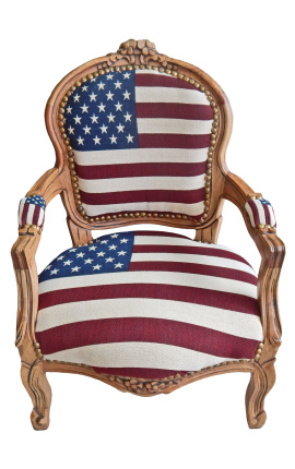 Fauteuil baroque enfant drapeau américain et bois naturel