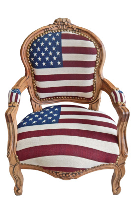 Barokke fauteuil voor kind Lodewijk XV-stijl Amerikaanse vlag en natuurlijk hout