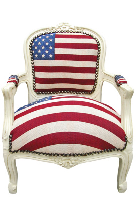 Barokowy fotel dla dziecka z amerykańską flagą i beżowym drewnem