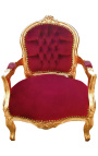 Barokfauteuil voor kind bordeaux rood fluweel en goud hout