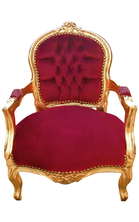 Barokfauteuil voor kind bordeaux rood fluweel en goud hout