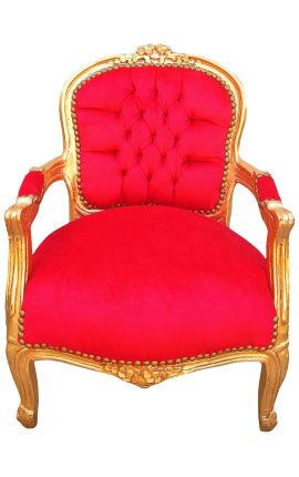 Barokinis fotelis vaikui raudono aksomo ir aukso medienos