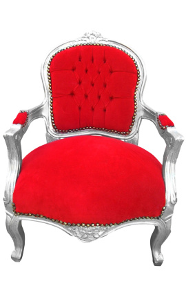 Baročni fotelj za otroka rdeč žamet in srebrn les