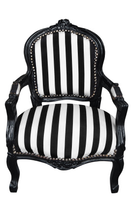 Fotel w stylu barokowym dla dzieci z tkaniny w czarno-białe paski z czarnym lakierowanym drewnem