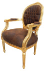 Baroque armchair Louis XVI style medallion chocolate and gold wood