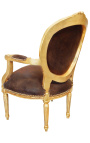 Baroque armchair Louis XVI style medallion chocolate and gold wood