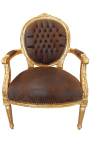 Baroque armchair Louis XVI style medallion chocolate and gold wood