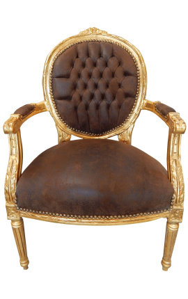 Poltrona barroca estilo Louis XVI chocolate e madeira dourada
