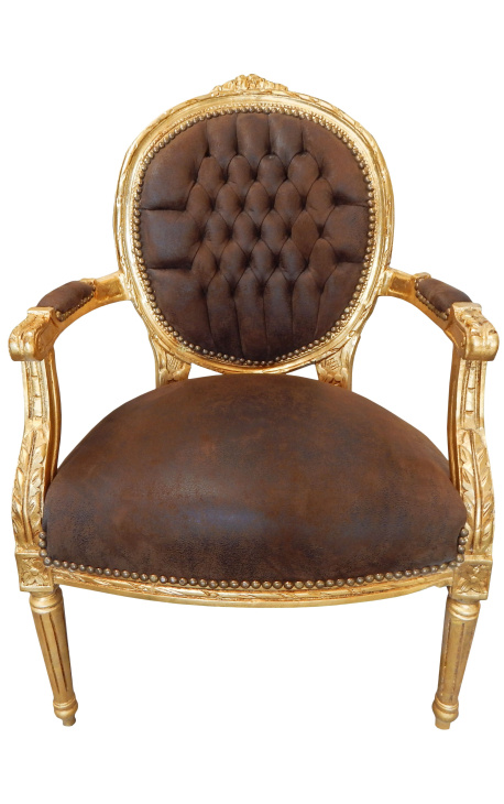 Baroque armchair Louis XVI style medallion chocolate and gold wood