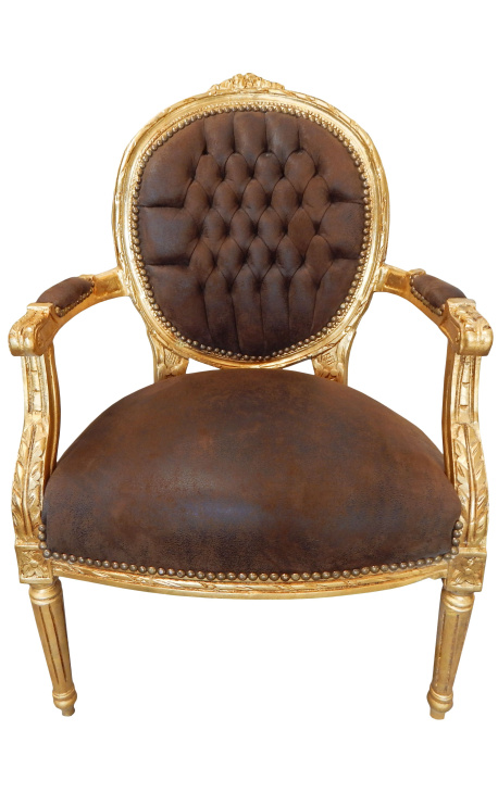 Poltrona barroca estilo Louis XVI chocolate e madeira dourada