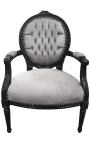 Poltrona barocca Louis XVI Velvet grigio stile e legno opaco nero - 1
