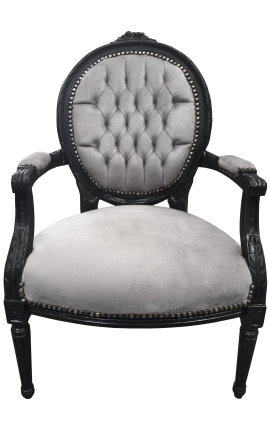 Fauteuil baroque de style Louis XVI tissu gris et bois noir