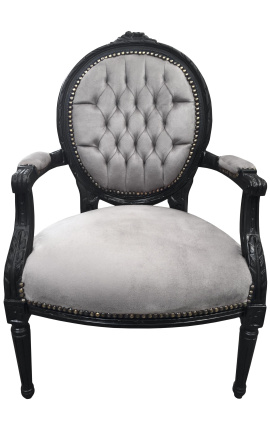 Fotel w stylu barokowym w stylu Ludwika XVI medalion szara tkanina i drewno malowane na czarno