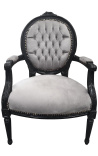 Sillón barroco Luís XVI estilo medallón gris tela y madera pintada negra