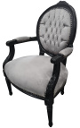Baroque armchair Louis XVI style medallion grey texture and black painted wood