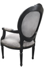 Fauteuil baroque de style Louis XVI tissu gris et bois noir