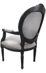 Baroque armchair Louis XVI style medallion grey fabric and black painted wood