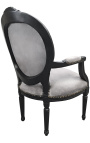 Barocker Sessel im Louis XVI-Stil mit Medaillon aus grauem Stoff und schwarz lackiertem Holz