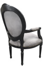 Fauteuil baroque de style Louis XVI tissu gris et bois noir