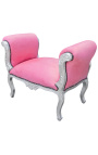 Baroque Louis XV bench pink velvet fabric and silver wood 