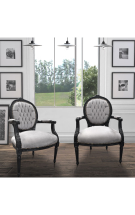 Fauteuil baroque de style Louis XVI tissu gris et bois noir