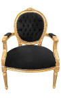 Baroque armchair Louis XVI style black velvet and gilded wood