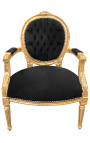 Fauteuil Louis XVI de style baroque velours noir et bois doré