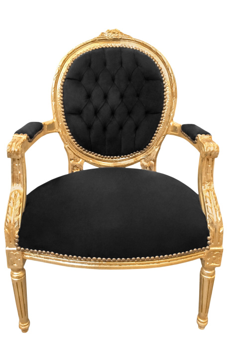 Fauteuil Louis XVI de style baroque velours noir et bois doré