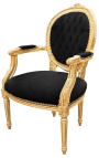 Baroque armchair Louis XVI style black velvet and gilded wood